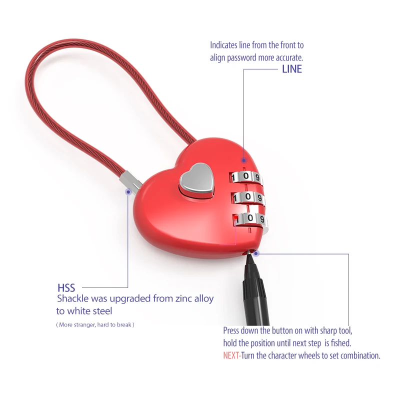 Combination Lock Love Lock Wedding Heart Love School Bag Backpack Trolley Box Zinc Alloy