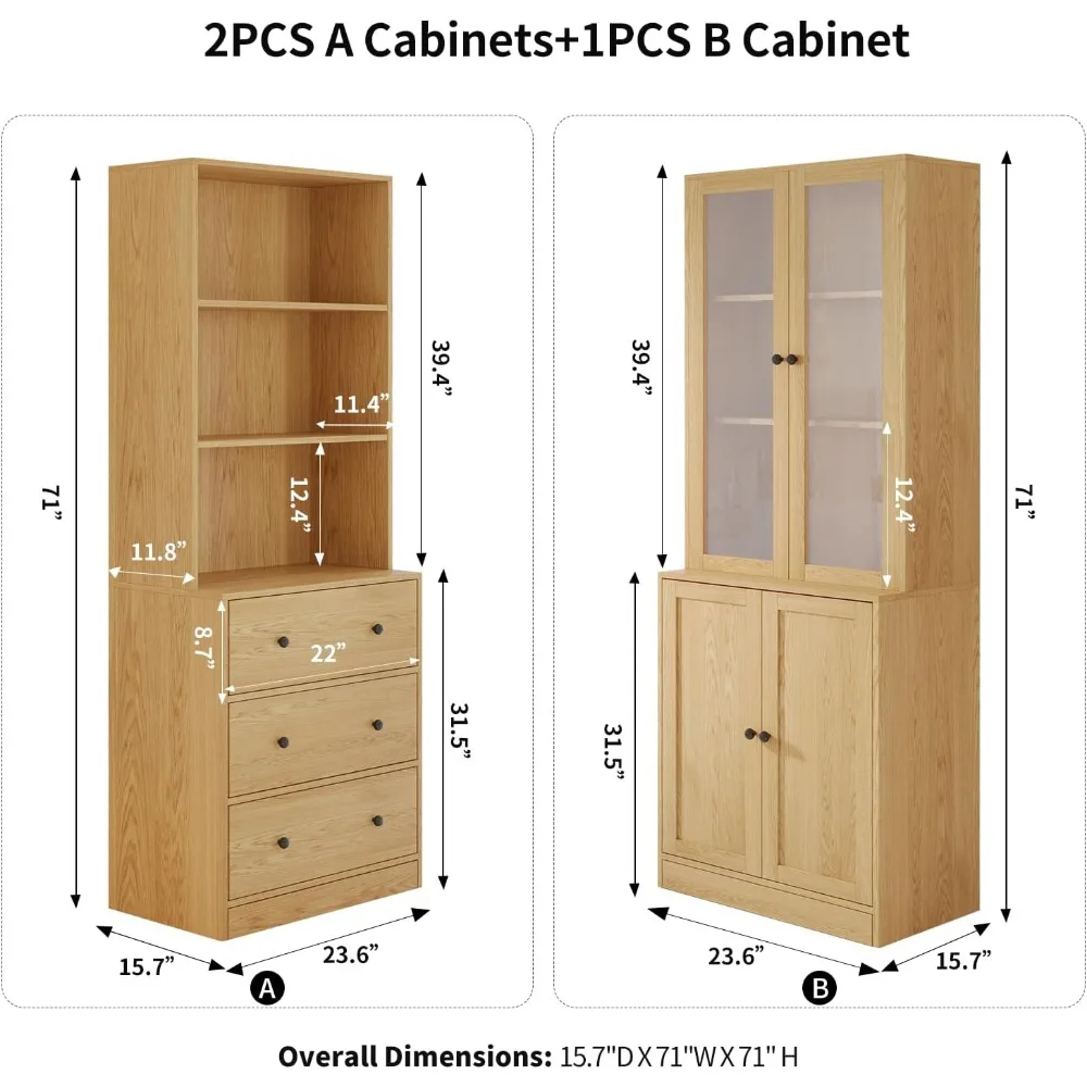 Kitchen cupboard, 3-Tier Modern Bookshelf with 3 Large Drawer,Wood Cabinet with Open Shelf,Glass Doors and Fixed Storage Shelves