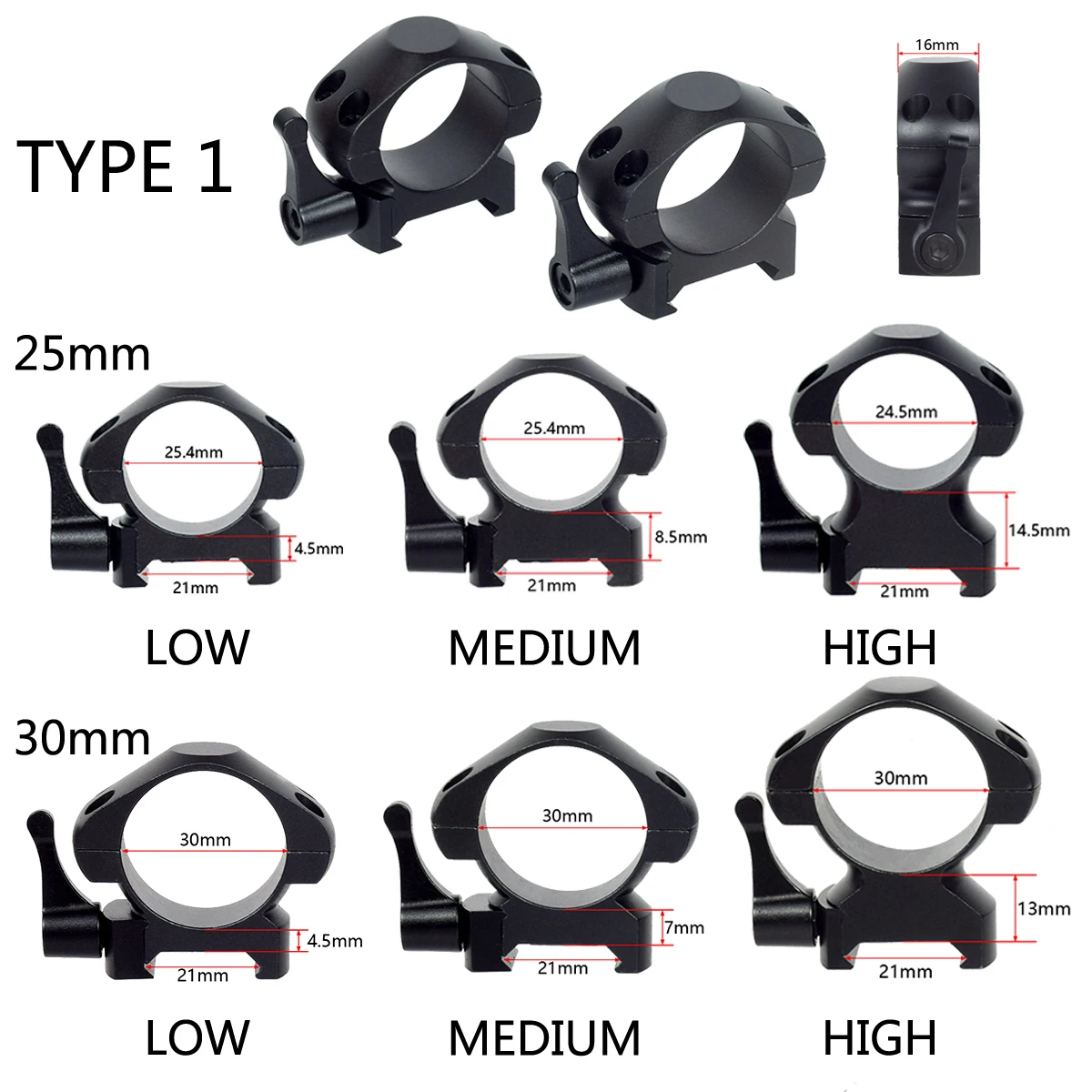 

2PCS Hunting Scope Ring Mounts For 20mm Picatinny Rail Optics Scope Pipe Dia 25.4mm 30mm Laser Flashlight Torch Mount Adapter