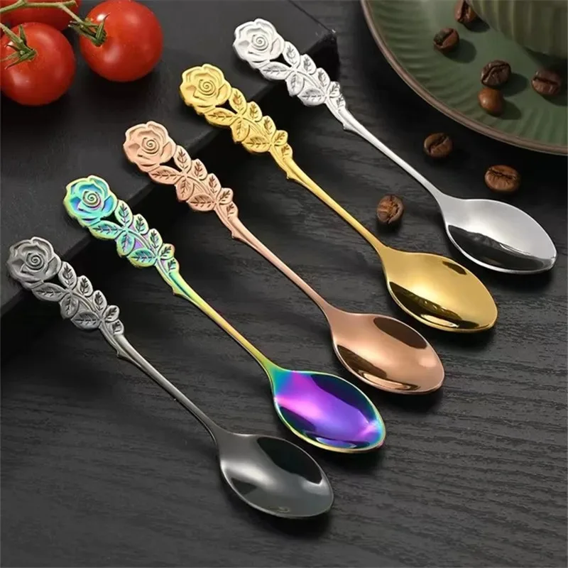 Stainless Steel Spoon Stainless Steel Fork Tea Spoon Rose Flower Head Stainless Steel Coffee Spoon Fruit Dessert Fork Mixing Sppons for Kitchen Hotel