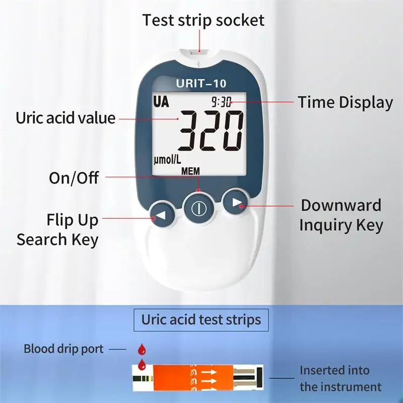 URIT10 Home Uric Acid Monitor With 25/50pcs Test Strips & Lancets For Gout and High Uric Acid Detection Measure Meter