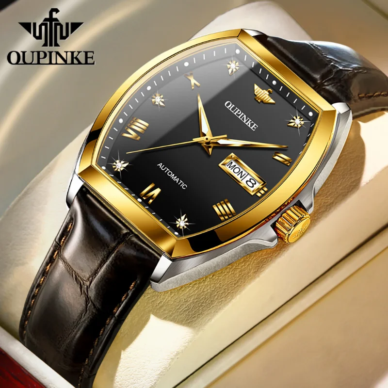

OUPINKE 3200 Automatic Mechanical Watch Wine Barrel Dial Sapphire Mirror Leather Strap Material Water Proof Sports Men's Watch
