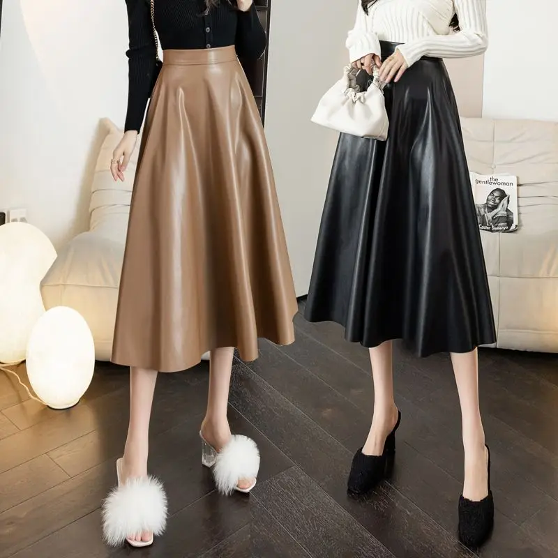 

Fall Winter PU Leather Women's Long Skirts Back Zipper 2024 New Arrival Versatile High Waist A-Line Umbrella Female N91