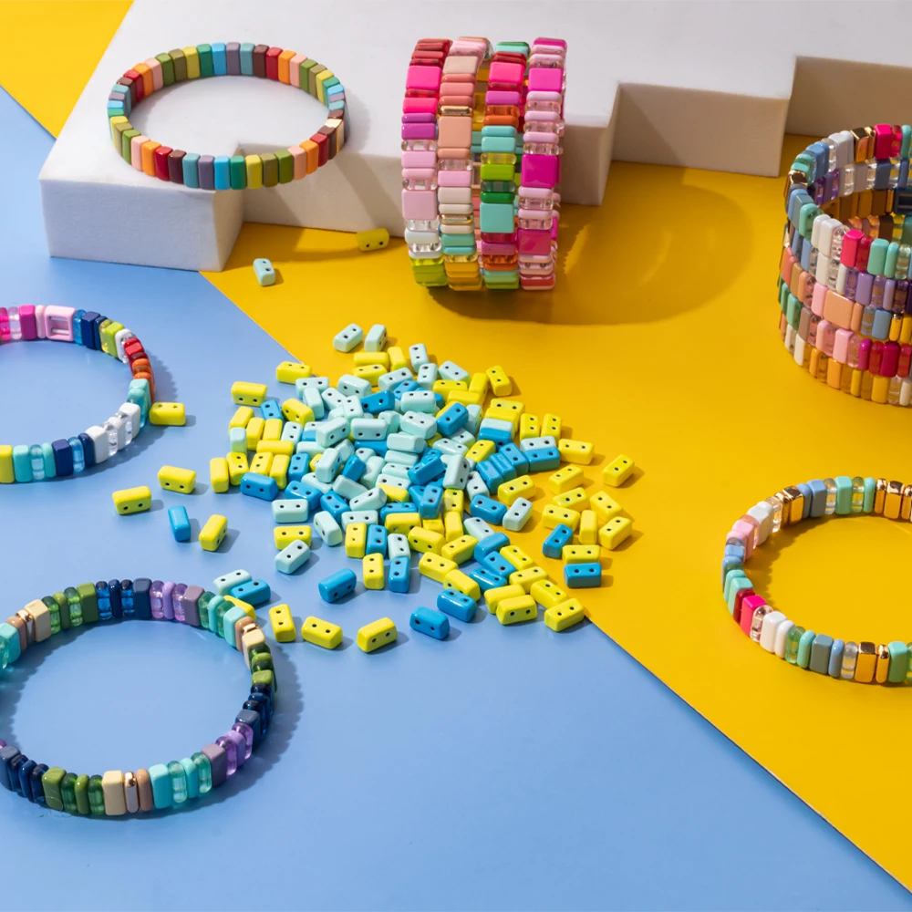 30pcs 4x8MM Enamel Beads for Jewelry Making Colorful Boho Bangle Handmade DIY Beads Rectangle Shape Elastic Bracelets Accessory