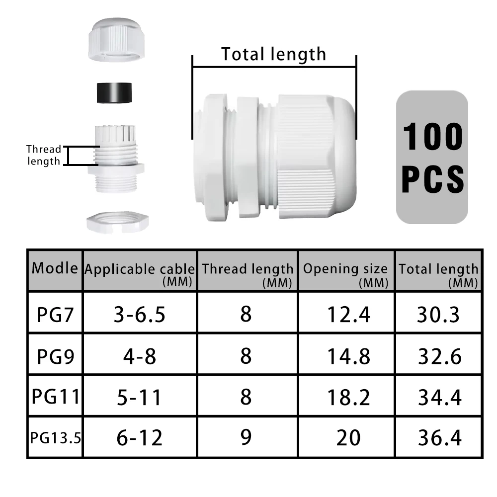PG7 PG9 PG11 PG13.5 Waterproof Cable Gland Nylon Joints with Gasket 100PCS cable gland