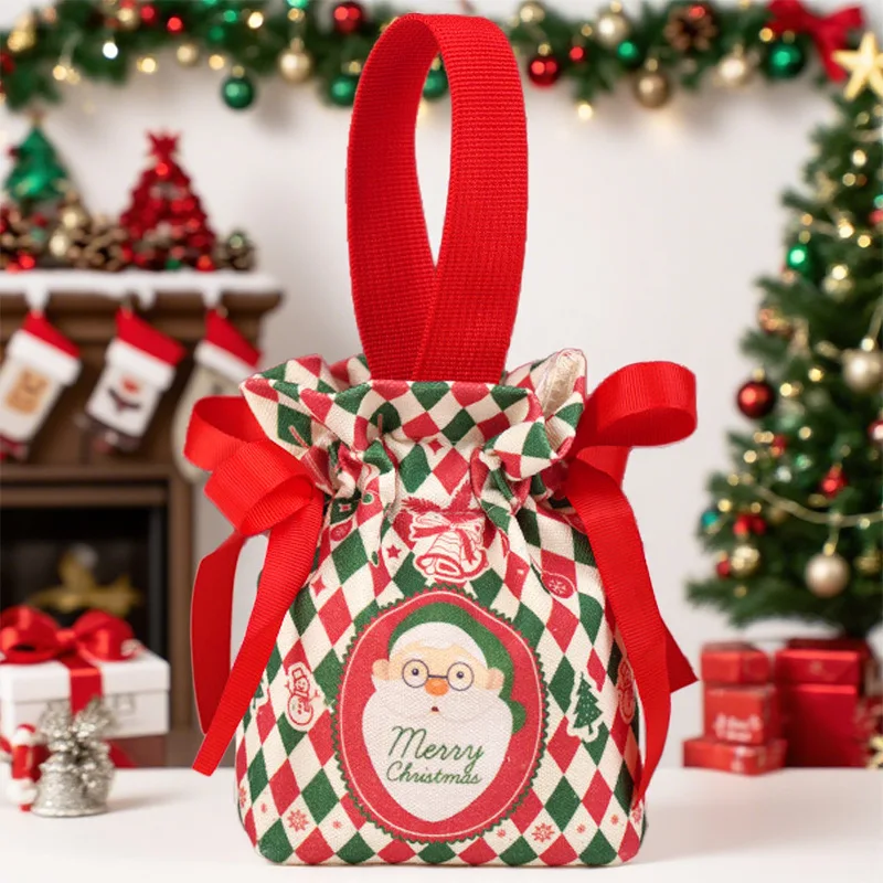 Christmas Canvas Bag Xmas Gift Bag 15x16cm Drawstring Pouch Xmas Candy Bag Jewelry Packaging Bag Christmas Eve Party Apple Bag