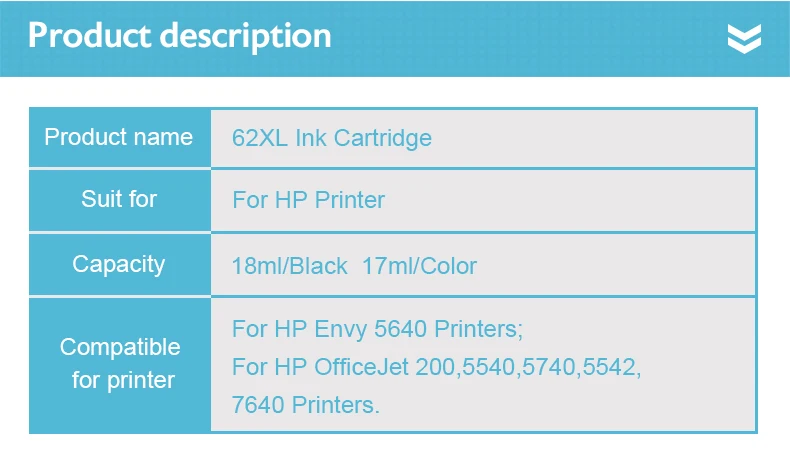 Description Picture 3 of itemAecteach 62XL Ink Cartridge Compatible for HP 62 XL For HP62 Envy 5540 5640 7640 5646 5541 5740 5742 5745 200 250 Printer