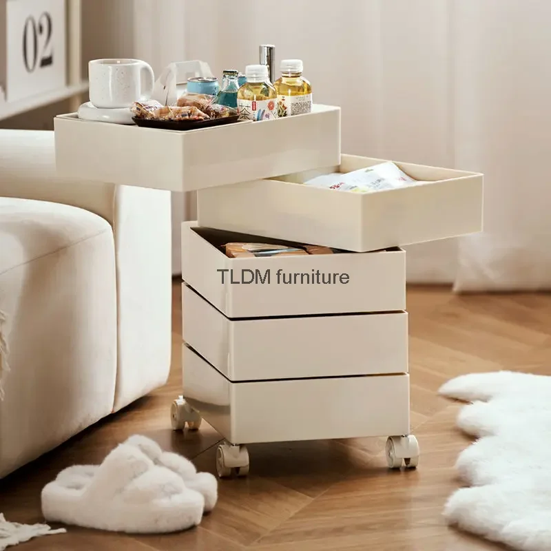 

360 ° Rotating Storage Cabinet Movable Bedside Table Sofa Side Cabinet Locker Drawer Cosmetics Cabinet for Living Room Bedroom