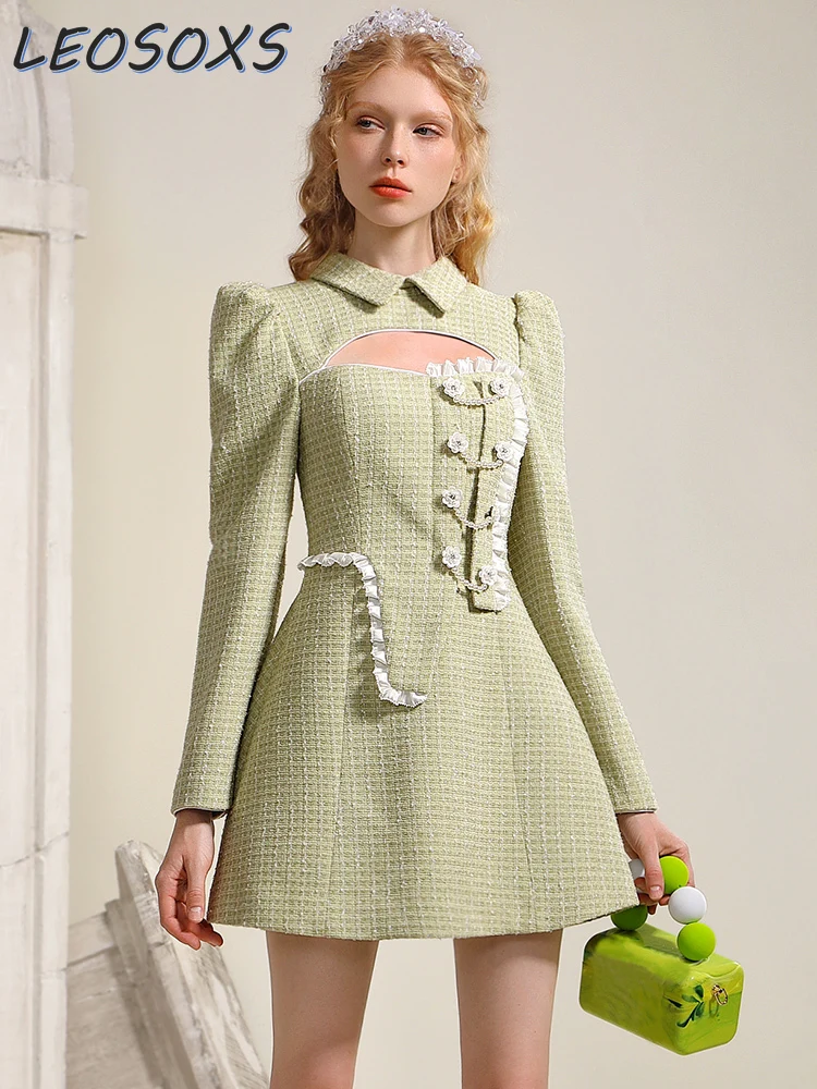 

High-End Sexy Hollow Tweed Dress Women Female Vestdios 2023 Autumn Niche Design Flowers Fresh Sweet Slim Fit Long Sleeve Dress