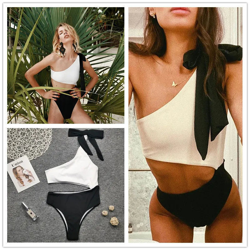 

Summer new swimwear one-piece swimsuit women sexy hollow out waistless one-shoulder bow strap ins style bikini suit 2022