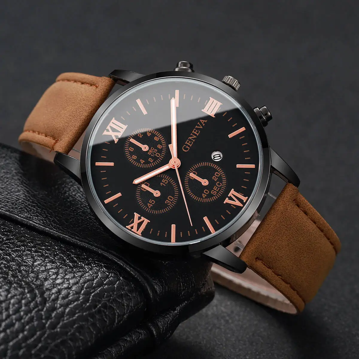Fashion Roma Dial Men's Watch Casual Leather Strap Men Business Watches Analog Quartz Wristwatches with Calendar(Without Box)