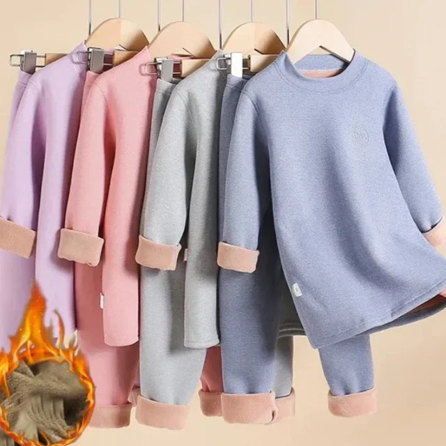 بيجامة شتوية دافئة من القطيفة للأولاد والبنات بطبقة أساسية حرارية ملابس منزلية ملابس أطفال مجموعة ملابس داخلية حرارية من الصوف الزيتي 2