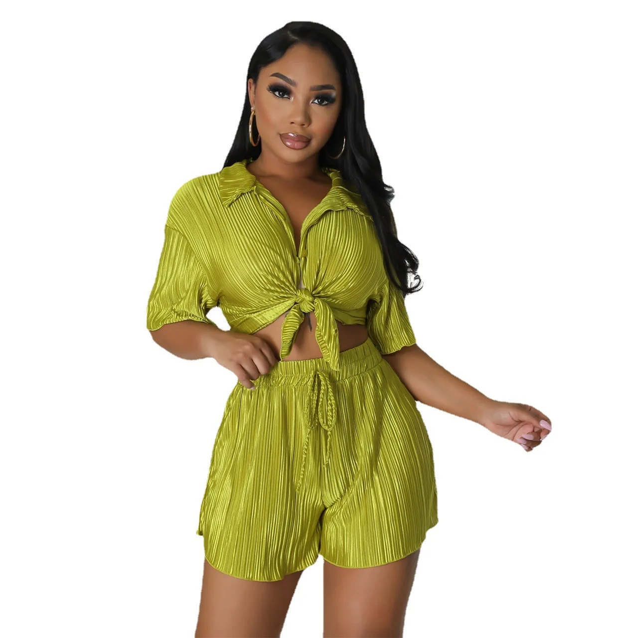 Solid Color Two-Piece Wrinkled Fabric Lapel Short Sleeve Shirt High Waisted Drawstring Shorts Sets Fashion Button Outfits Suit