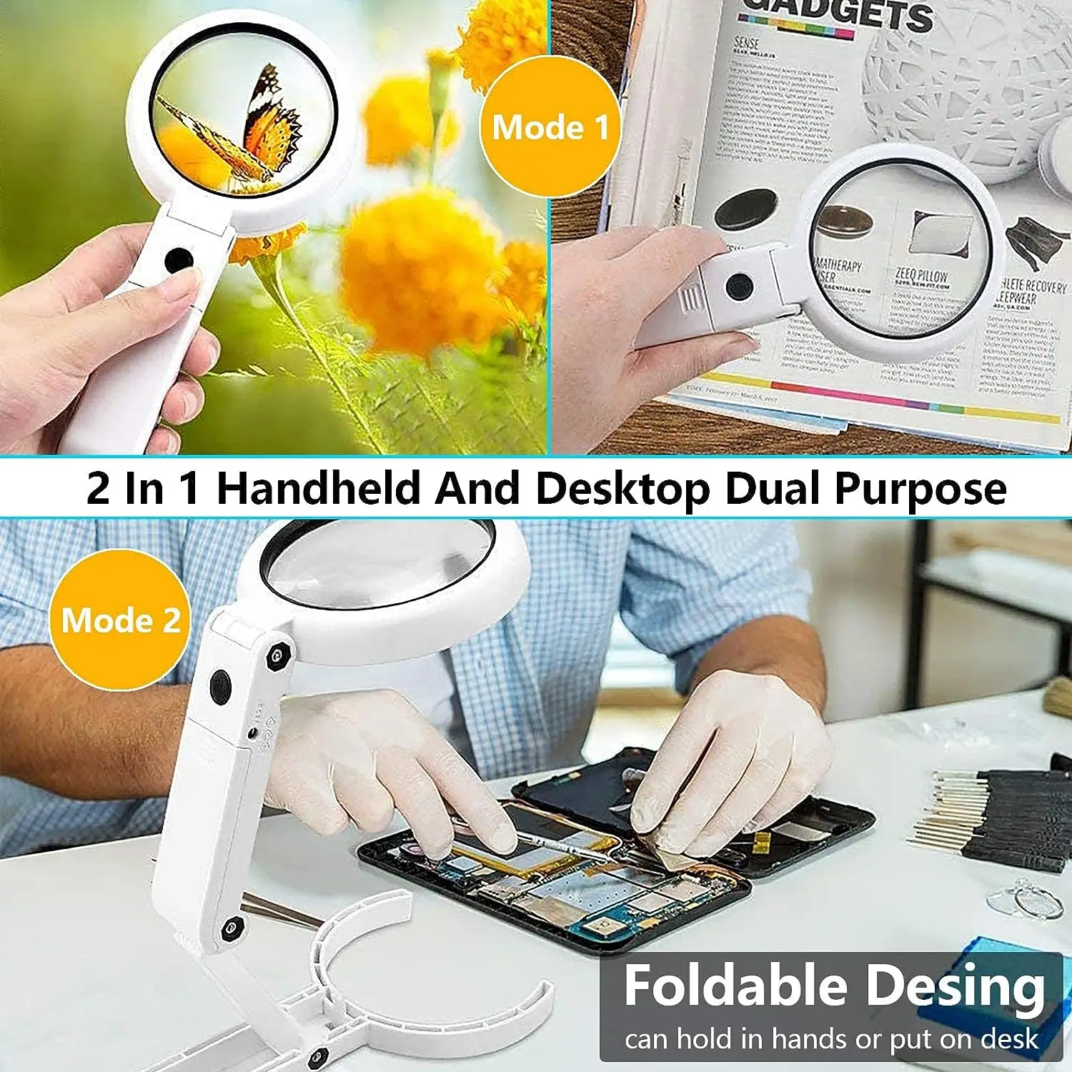 11x 5x Magnifying Glass With Light And Stand Foldable Handheld Desk Magnifier Dimmable For Close Work Macular Seniors Reading_voghion.com