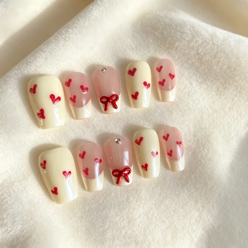 Elegant Handmade Acrylic Press-On Nails Kit - Bowknot & Heart Design with Aurora Finish