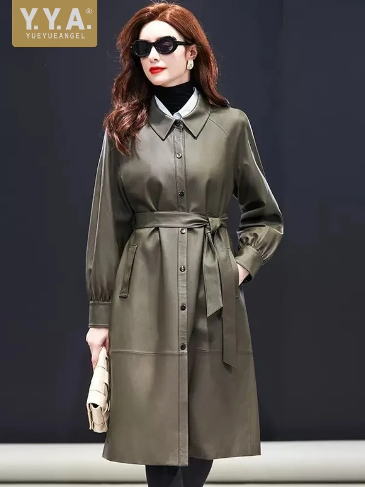 

Autumn High Quality Women Natural Sheepskin Long Overcoat Vintage Elegant Office Ladies Slim Fit Genuine Leather Trench Coats