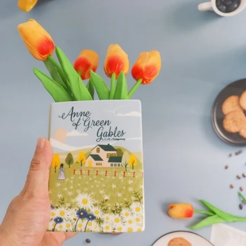 Book Shape Ceramic Vase Annie's Secrets Garden Planter Flower Pot For Entryway Tabletop Office Desk Indoor Living Room Decor