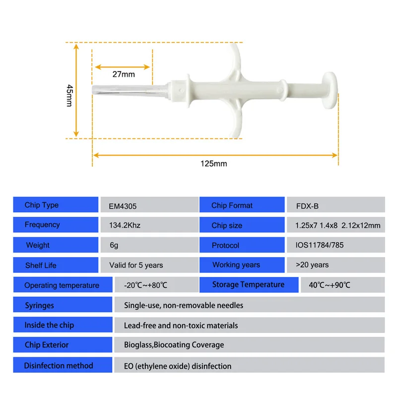 20pcs 2.12*12mm RFID Animal Microchip Syringe ICAR ISO11784/5 FDX-B 134.2khz RFID injector Animal Microchip Cat Dog Syringe