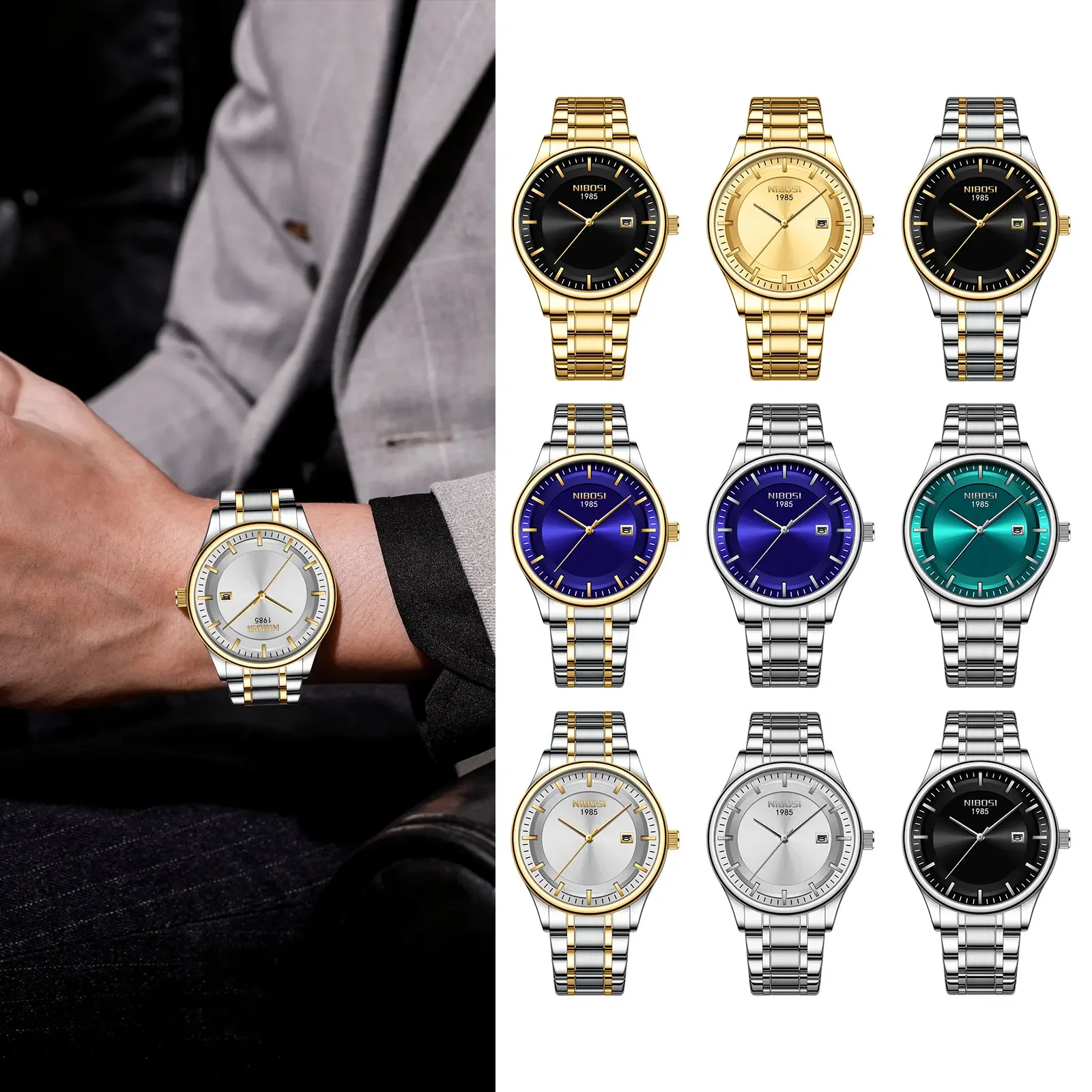 

Часы наручные NIBOSI Мужские кварцевые, простые водонепроницаемые в деловом стиле, с календарем, с браслетом из нержавеющей стали