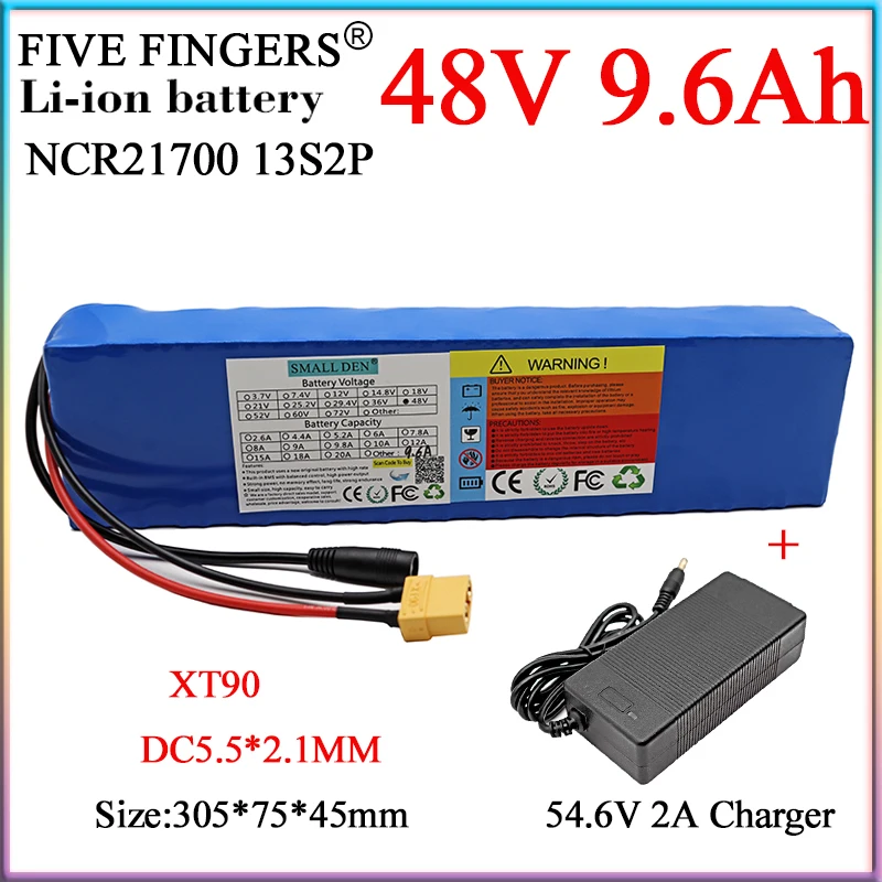 

48V 9.6Ah 21700 Lithium Battery Pack 13S2P 15A Discharge Built-in BMS For Ebike electric bicycle Scooter etc+54.6V 2A Charger