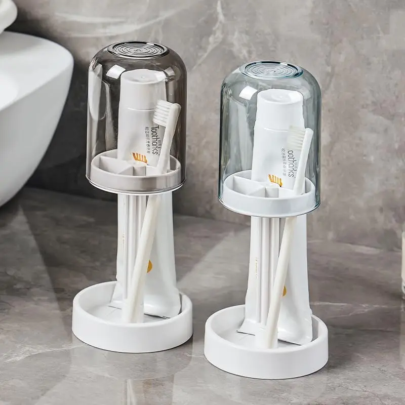 PrimeSelect Dustproof Plastic Toothbrush And Mouthwash Cup Organizer With Washable Base Bathroom Countertop Storage Set_voghion.com