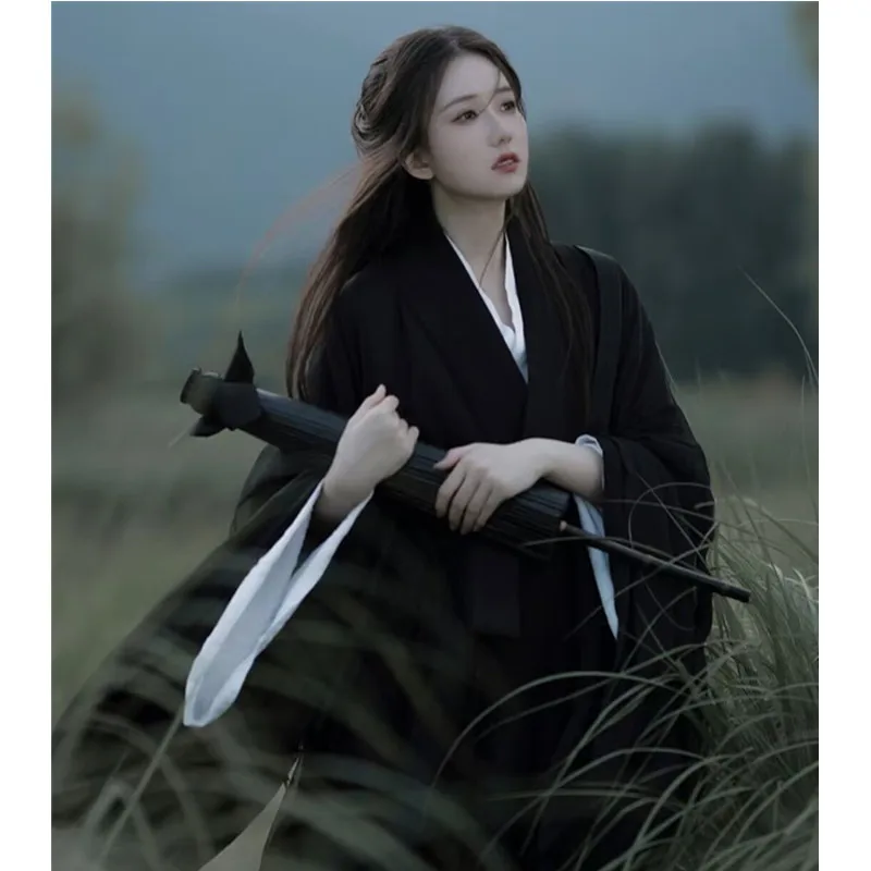 

Cotton Ramie Black White Hanfu Robe For Women Vintage Dress Halloween Carnival Costumes Retro Wuxia Film Photography