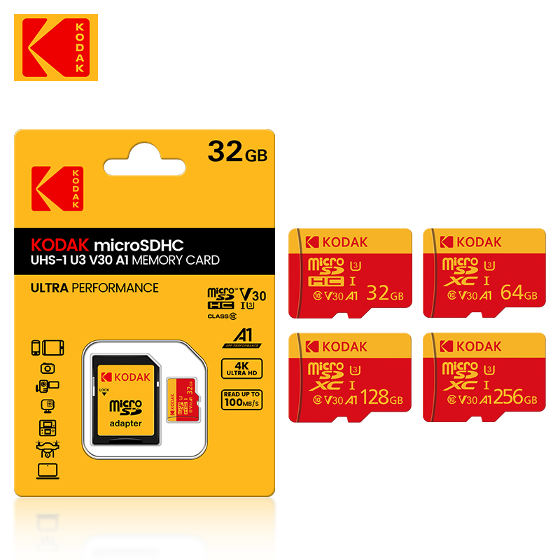 KODAK Micro SD Card 256GB UP TO 90MB/s Class10 U3 32GB 64GB 128GB TF Card 4K HD For USB Card Reader Adapter Microsd