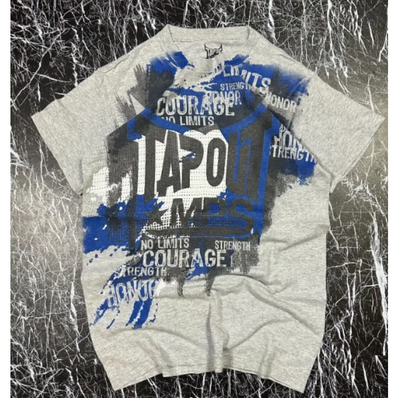 Amerykański, nowy Retro czysta bawełna Oversized wzór t-shirt męski letni Harajuku Goth z nadrukiem wokół szyi luźne góra odzież uliczna męskiej