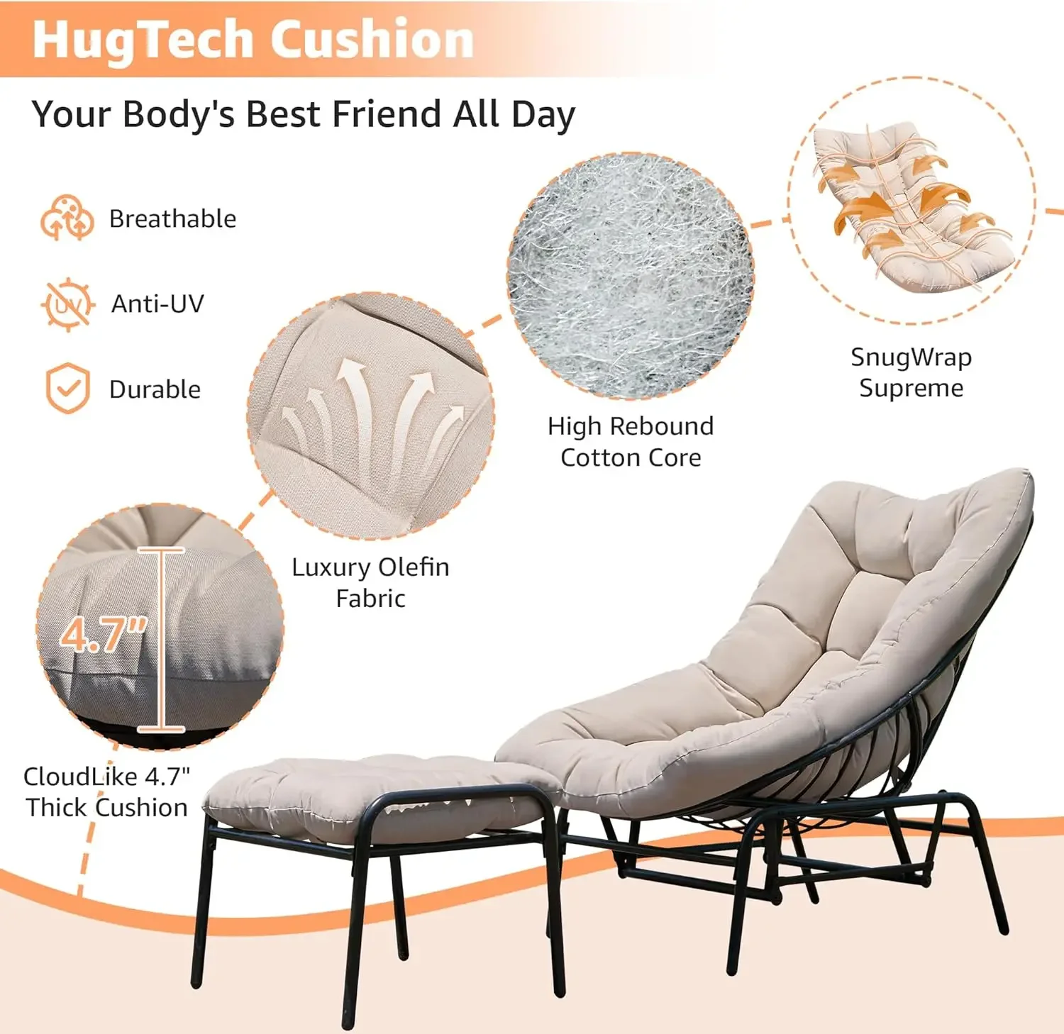 NEW-Lounge Chair Outdoor with Ottoman, 2-Piece Gentle Rocking Chaise Lounge Set, 4.7" Removable Cushion & Sturdy Frame