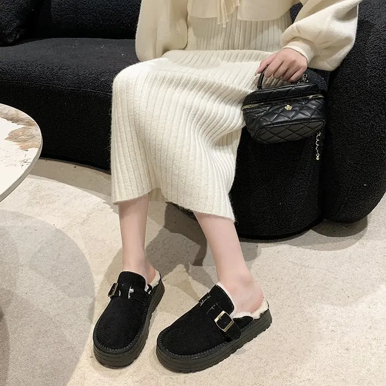 Baotou plush slippers for women wearing new winter comfortable and casual home thickened mid heel thick soled snow boots
