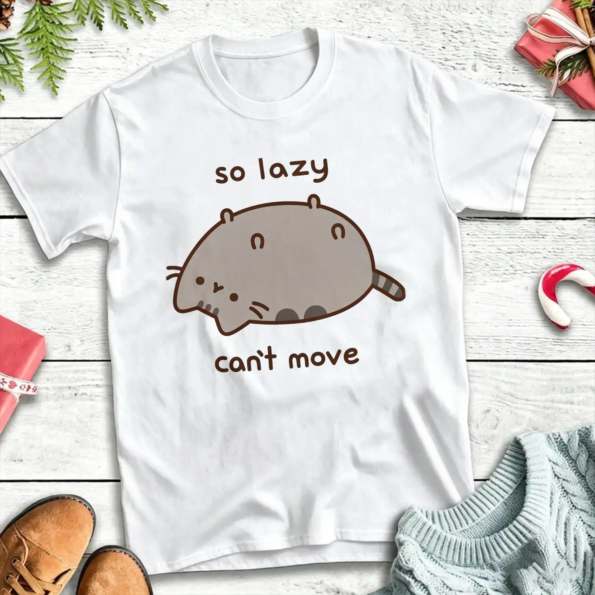 P-pusheen So Lazy Can't Move Baumwoll-T-Shirt für Herren, Sommer-T-Shirts, trendige T-Shirts, übergroße Kleidung mit individuellem Logo
