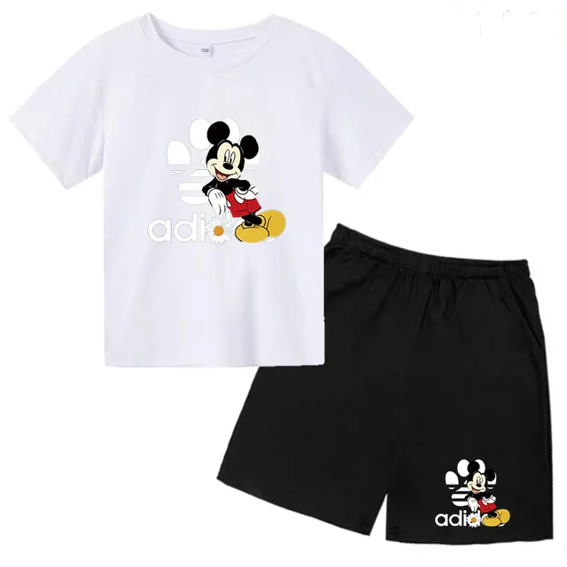 thumbnail image 1 of Conjunto de 2 piezas de camiseta y pantalones cortos de marca Disney de manga corta de verano para niños y niñas, conjuntos de moda para bebés de 2 a 12 años, 1 of 5