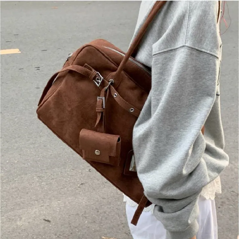 2025 New Large Capacity Vintage Style suede Tote Bag With Belt Buckle Closure Soft Cow Leather Shoulder Handbag For Office Use