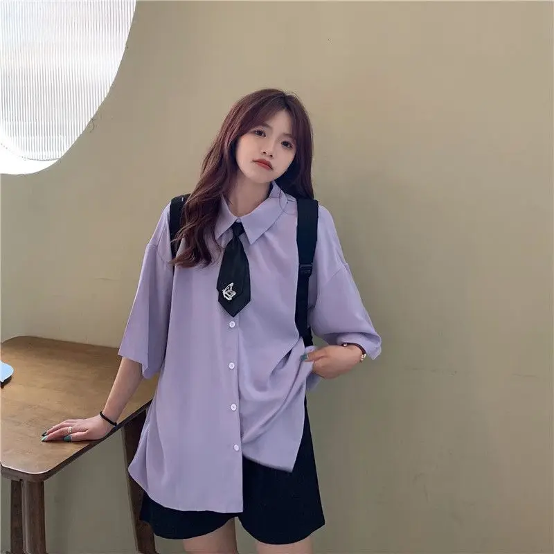 EBAIHUI Summer New Preppy Style Women's Shirt Butterfly Embroidered Tie Blouse Loose Flip Collar Solid Color Ladies Blusas