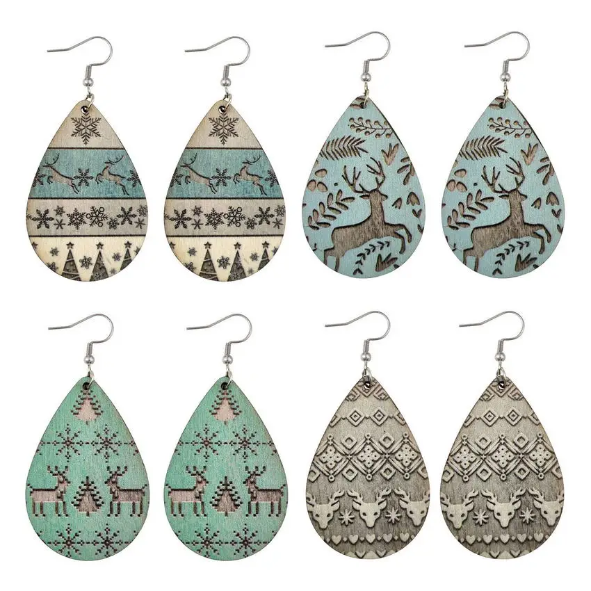 WoodenTeardropChristmasEarringsforWomenReindeerPrintSnowflake