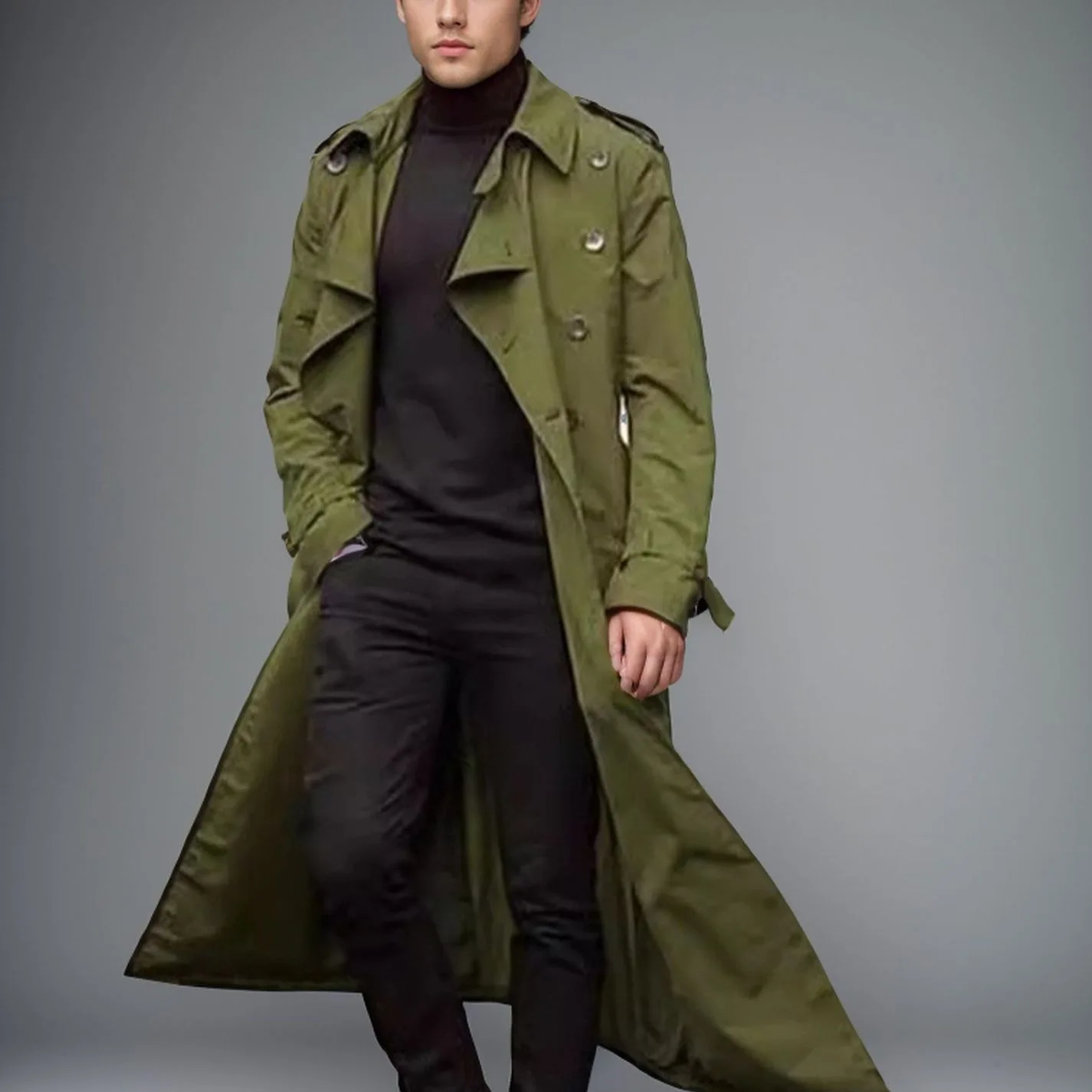 Men Trench Turn Down Collar Long Coat Button Jackets Full Sleeve Casual Solid Coats Straight Pocket Male High Street