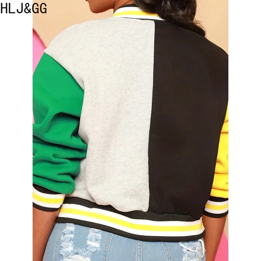 HLJ&GG Fashion Streetwear Women Letter Embroidery Patchwork Baseball Jacket Casual Female V Neck Button Long Sleeve Coats Tops