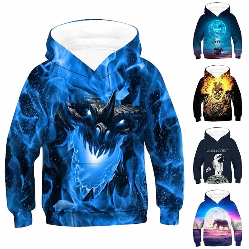 

Пуловер детский Повседневный с круглым вырезом, свитер с карманами и принтом животных, Свободный Топ с капюшоном для мальчиков, винтажный с длинным рукавом, осень