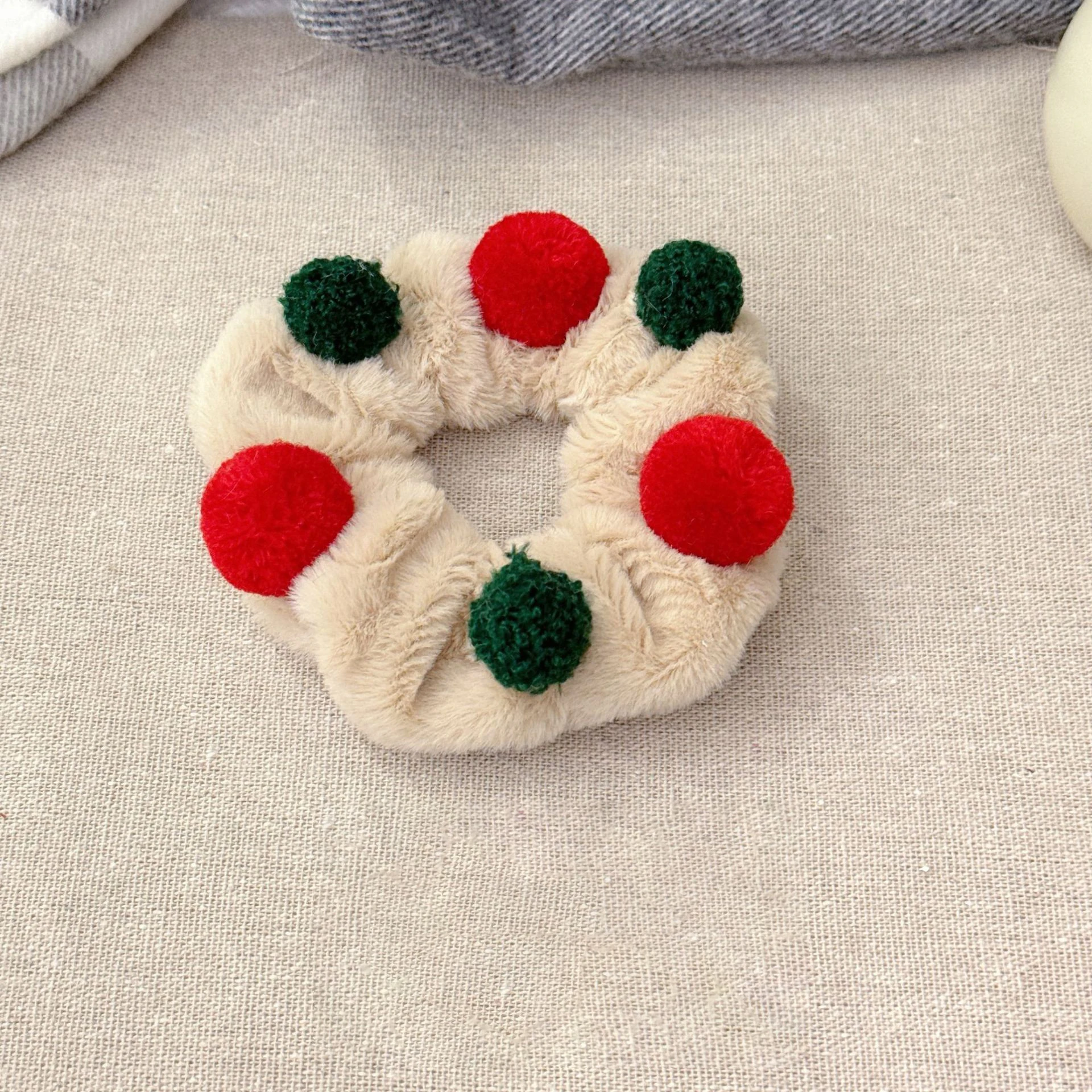 1PC Christmas Pom Pom Scrunchies - Plush Festive Hair Ties with Red Green Poms, Cute Holiday Hair Accessories for Women Girls