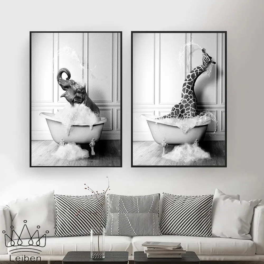 

Funny Animal Bathroom Canvas Painting Black White Giraffe Elephant Bubble Poster Minimalist Wall Art Picture for Toilet Decor