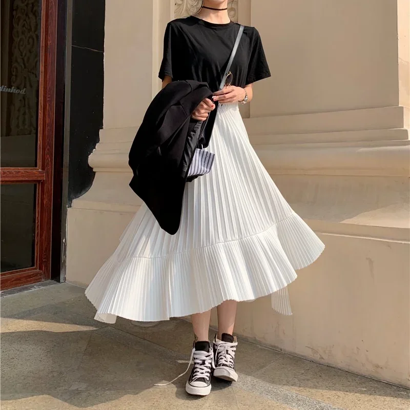 Women Elastic Plus Size Ruffles Korean Vintage Harajuku Long Skirts Female Solid Chiffon Pleated Autumn High Waist Midi Skirt kbq spliced ruffles denim mopping pants for women high waist patchwork pocket hit color loose casual wide leg jeans female new