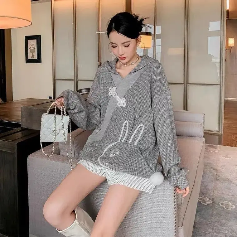 Women Fashion Long Sleeve Hooded Side Split Hook Sweater Rabbit 2022 New Chinese Style INS Sense Of Design