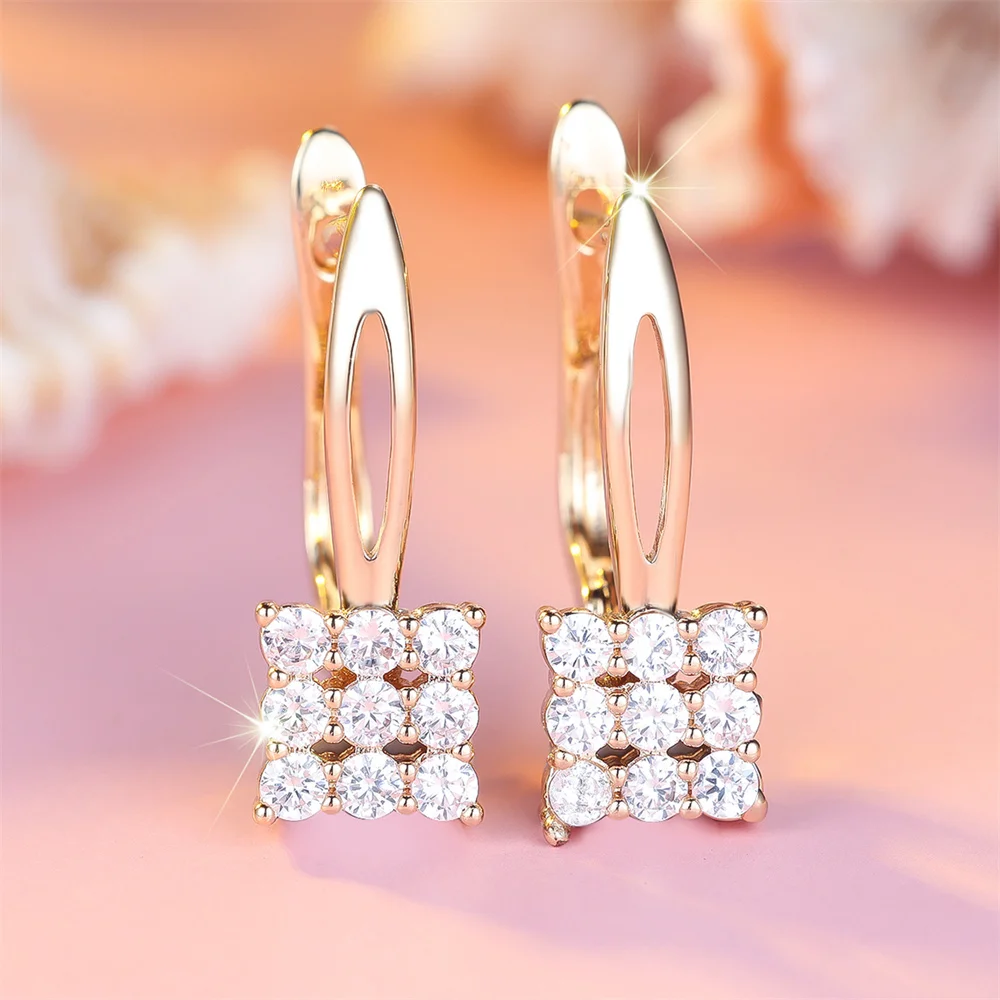 White Zircon Small Round Stone Square Hoop Earrings For Women Vintage Gold Color Fashion Ear Buckle Wedding Jewelry Party Gifts