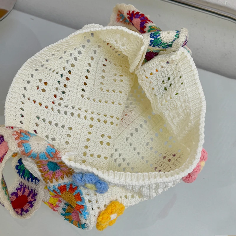 Trendige Boho-Einkaufstasche mit großem Fassungsvermögen, florale Häkelhandtasche, Vintage-Stil, mehrfarbig, gestrickt, modische, ausgehöhlte Handtasche – Detail 17