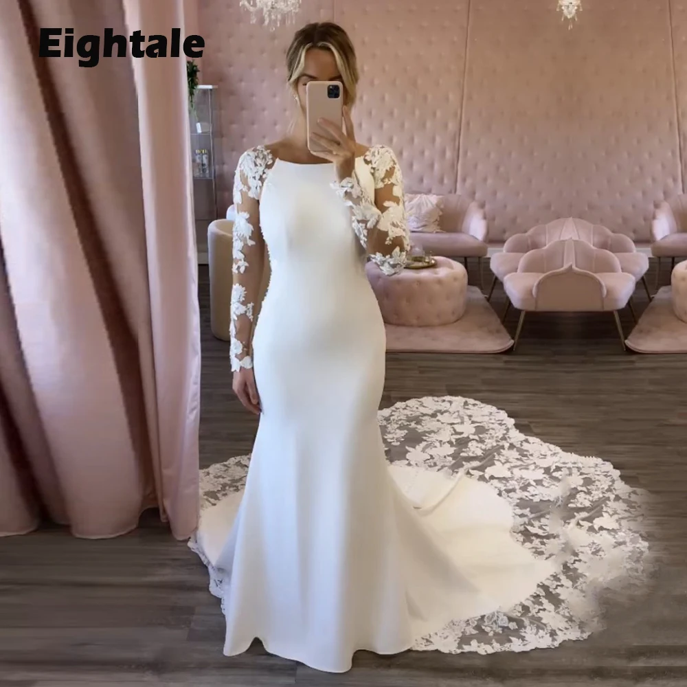 

Eightale Boho Wedding Dresses Mermaid Lace Court Train O-Neck Appliques Custom Made White Ivory Long Sleeves Bridal Gowns 2023