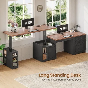 L-Shaped Electric Standing Desk, 63 x 67 Adjustable Height, Home Office Executive Desk with Drawers and Shelves, Black 4