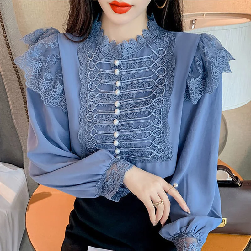 French Vintage Elegant Lace Ruffles Spliced Chiffon Blouse Woman 2022 Summer New Commute Flying Sleeve Beading Button Shirts sneakers breathable lace up flying weaving sneakers in gray size 37