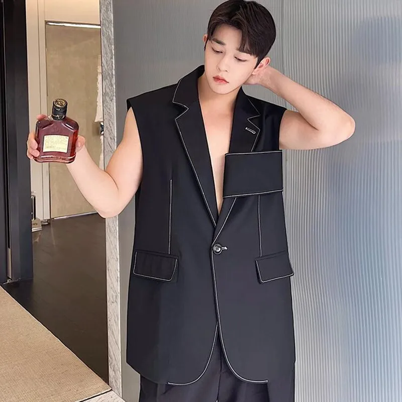 Personality Korean Fashion Design Long Suit Vest Mens Casual Long Suit Waistcoat Chic Style Sleeveless Jacket Gilet Homme 3