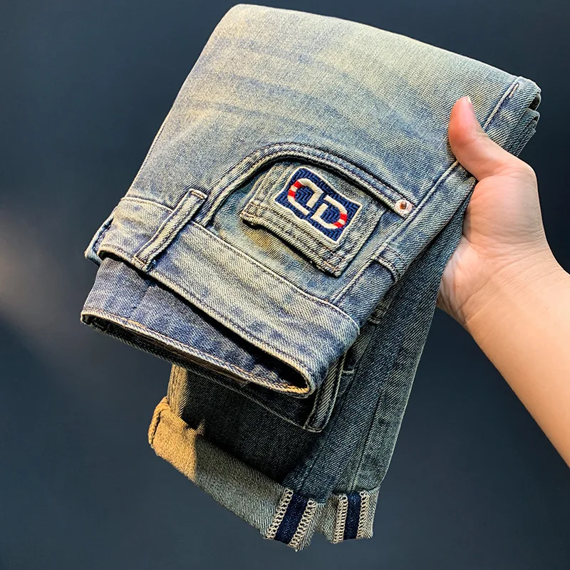 Ripped cropped jeans men's summer thin loose trendy slim fit harem light color High Street pencil pants retro pants