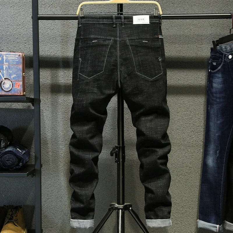 Cotton Men's Jeans Hole Denim Pants Brand Classic Clothes Overalls Straight Trousers for Men Large Size Black  Worn Slim Fit